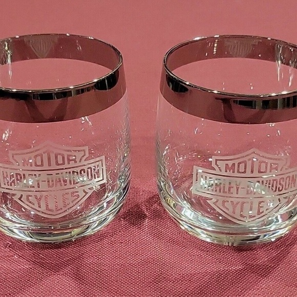 Vintage Harley Davidson Whiskey Glasses Roly Poly Rocks Tumblers MCM Platinum - Picture 3 of 7